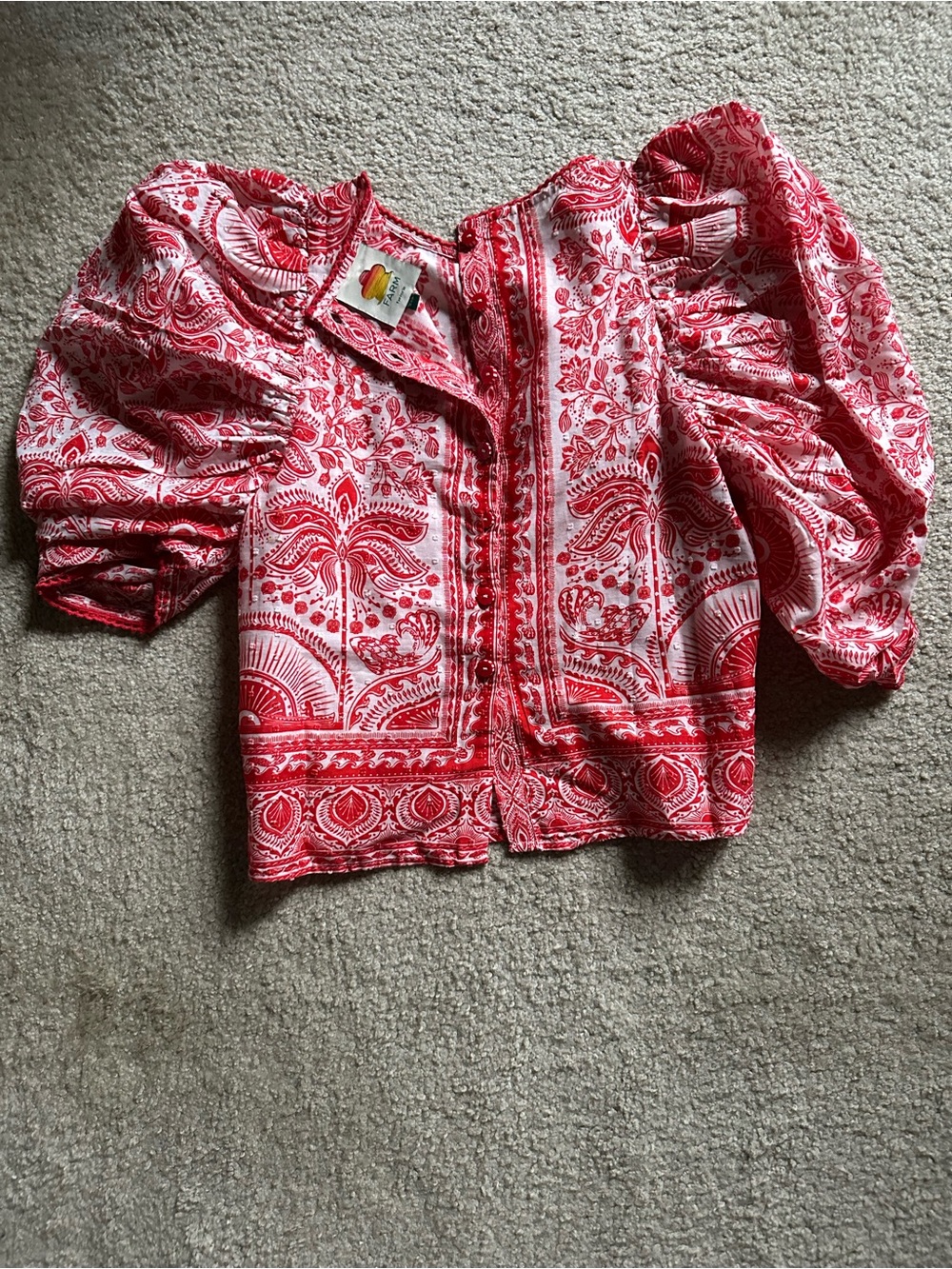 FARM Rio Red & White Paisley Puff-Sleeve Blouse